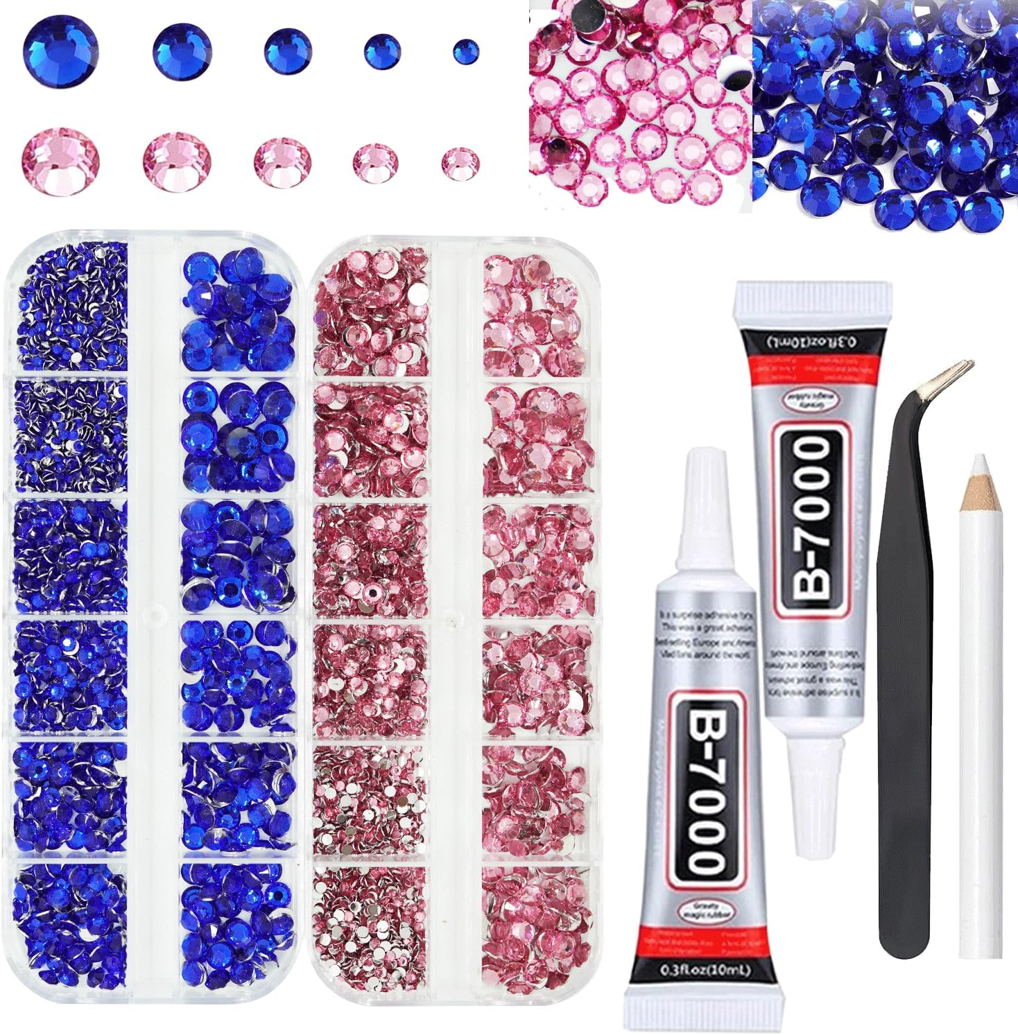 Rhinestones for Bedazzling with B7000 Glue, Pink and Navy Blue 2mm - 6mm (SS8-SS30) Non-Hotfix Flatback Dark Blue Diamonds Kit, Nail Crystals Gems Beads for Bedazzle Crafting, DIY Art Decoration-BrightBean Baby