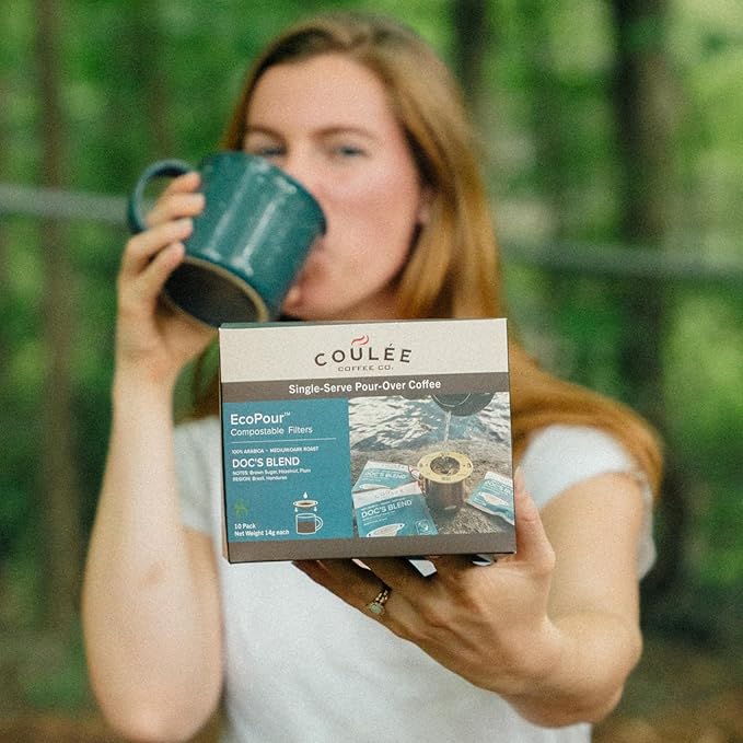 Coulée EcoPour B.I.O.N. Coffee, All Paper Single Serve Pour Over Decaffeinated Coffee, for Camping or Traveling, Pre Filled Compostable Filters, Ready to Brew with Hot Water, Plastic Free, 10 Pack