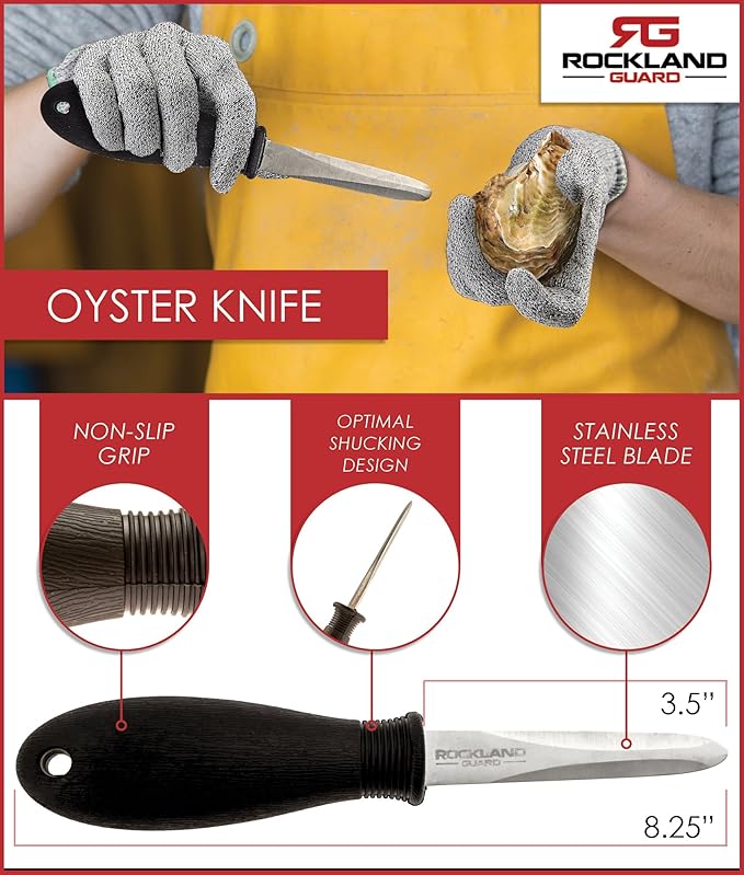 Rockland Guard Oyster Shucking Knife - Oyster Knife Shucker for Opening Clams, Scallops, Shellfish - Stainless Steel Blade, Non-Slip Ergonomic Handle - Kitchen Tool for Chefs, Cooks - Set of 4 Knives