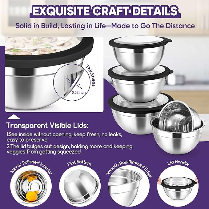 Herogo 5-Piece Mixing Bowls with Visible Lids, 3 Grater Attachments, Stainless Steel Salad Serving Bowls for Kitchen, 4.6/3.5/2.5/2/1.5 QT Ideal for Prepping & Cooking, Black