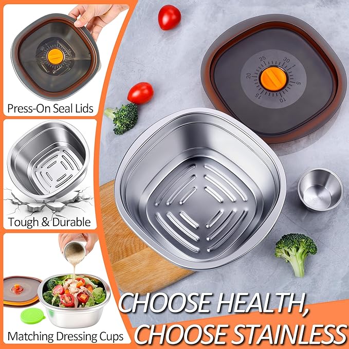 KTKUDY 3 Pack Stainless Steel Salad Bowls with Lids & Dressing Cups - 50 oz Leakproof Salad Containers for Meal Prep & Lunch To Go, Dishwasher Safe