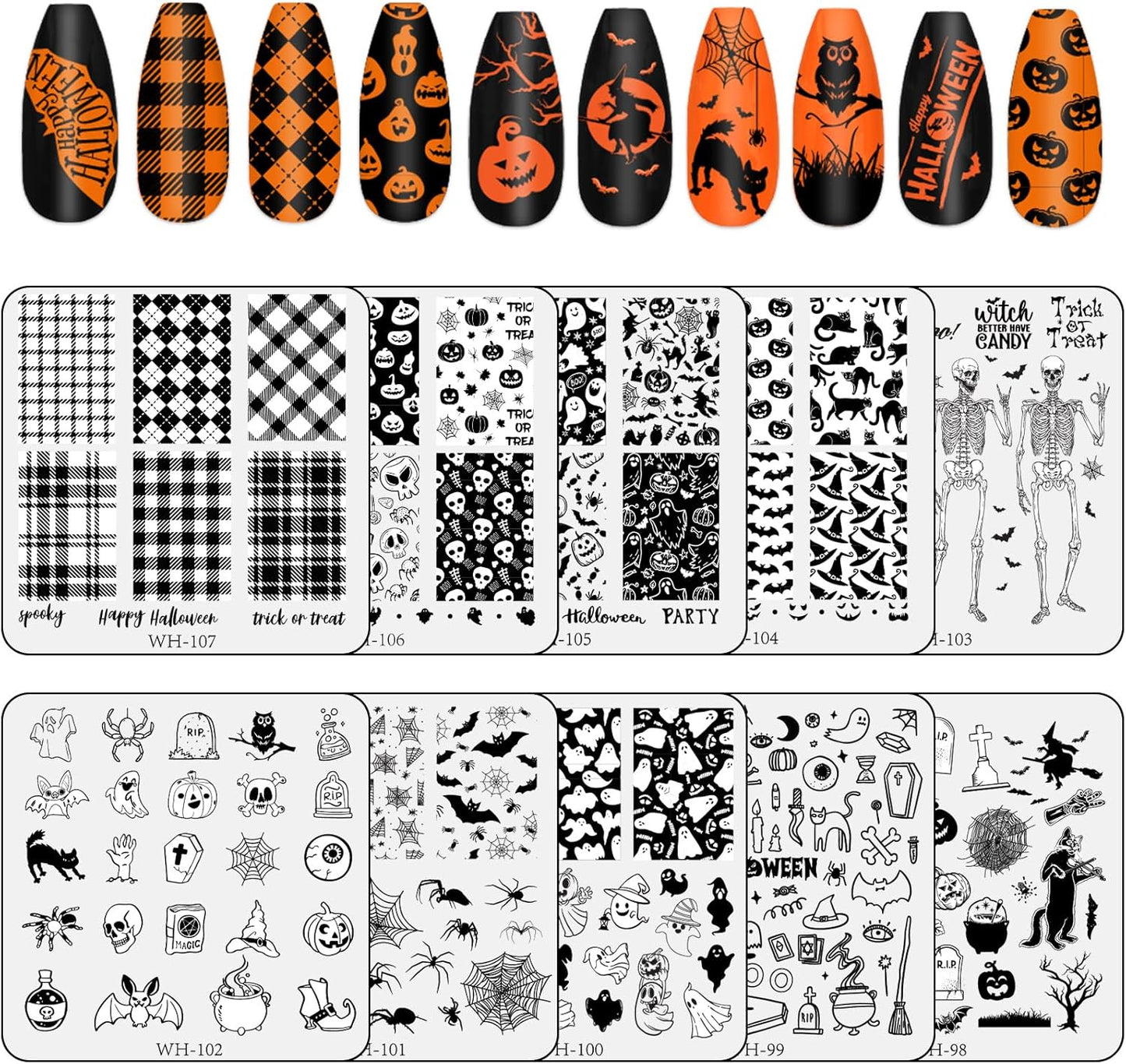 Whaline 10Pcs Halloween Nail Art Stamping Plate Kit Spooky Pumpkin Ghost Skull Plaid Design Nail Art Plate for Holiday DIY Print Manicure Salon-BrightBean Baby