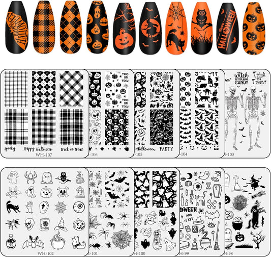 Whaline 10Pcs Halloween Nail Art Stamping Plate Kit Spooky Pumpkin Ghost Skull Plaid Design Nail Art Plate for Holiday DIY Print Manicure Salon-BrightBean Baby