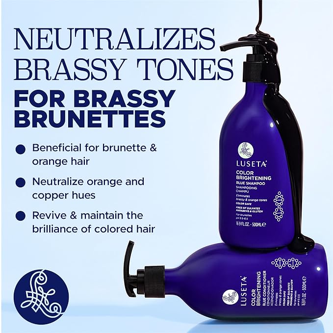 Luseta Blue Shampoo & Conditioner Set - Color Brightening for Brassy and Brunette Treated Hair, Revive Cool Tones, 2x 16.9oz-BrightBean Baby