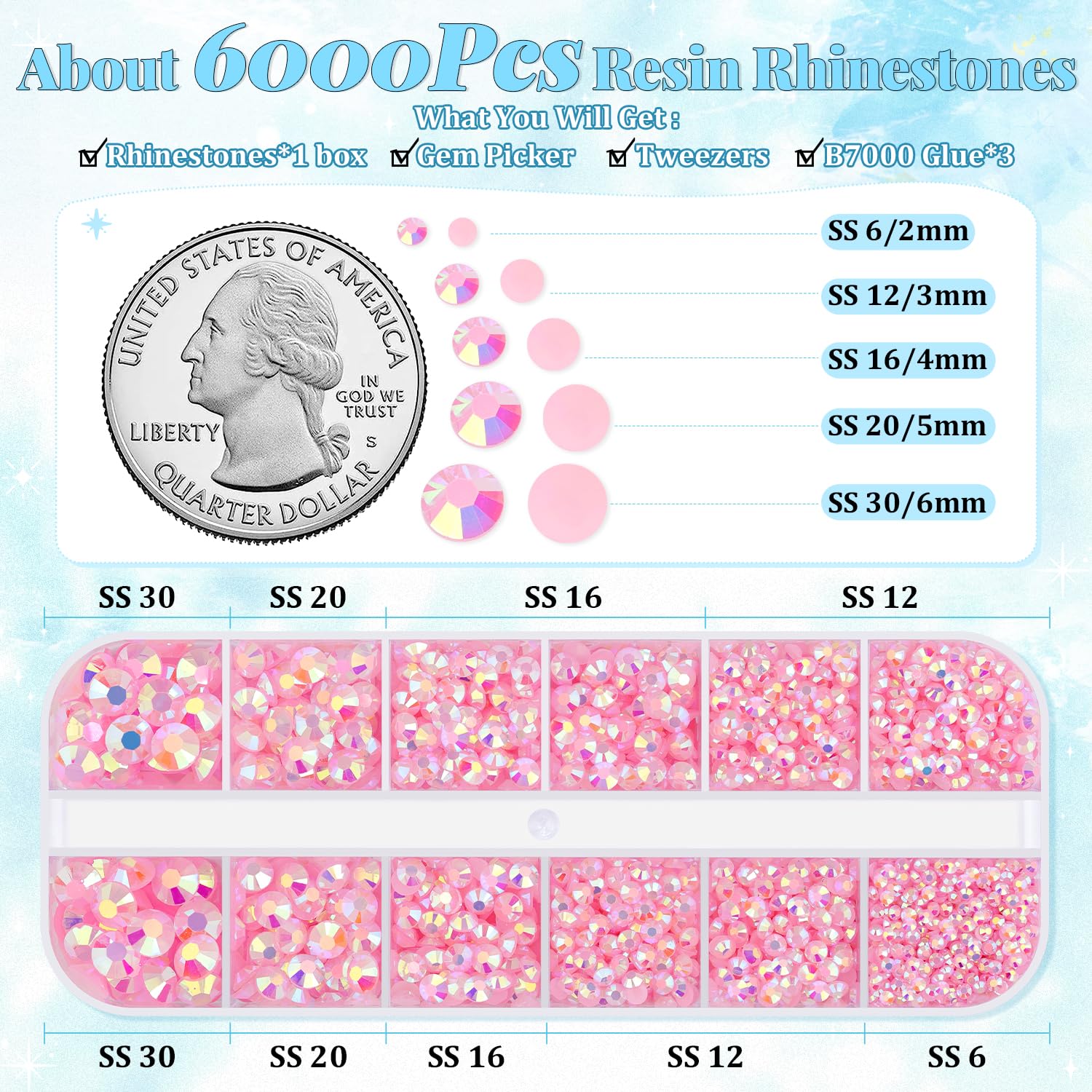 6000Pcs Resin Rhinestones for Bedazzling with 3Pcs B7000 Jewelry Glue, 1 Box Light Pink Flatback Rhinestones for Crafting Crafts DIY, Crystals Gems for Clothing Shoes Tumblers Nail Art Makeup-BrightBean Baby
