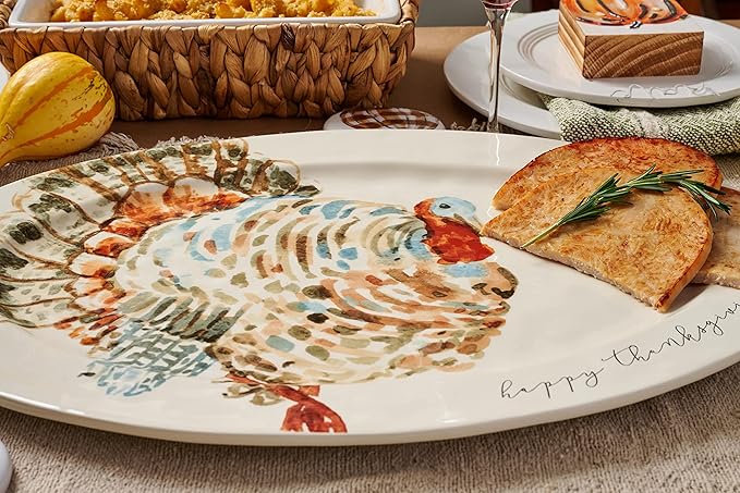 Mud Pie Watercolor Turkey Platter, White, 14"" x 20 1/2"