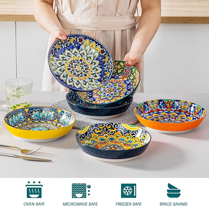 vancasso 32 Oz Pasta Bowls Sets of 6, Ceramic Large Colorful Salad Serving Bowls for Kitchen, Dishwasher & Microwave Safe, Soup Pasta Plates