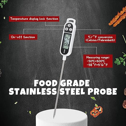 Meat Food Thermometer Food with Probe Water Liquid Instant Read Digital Thermometer Kitchen Cooking Supplies for Cooking BBQ Milk Yogurt(White)