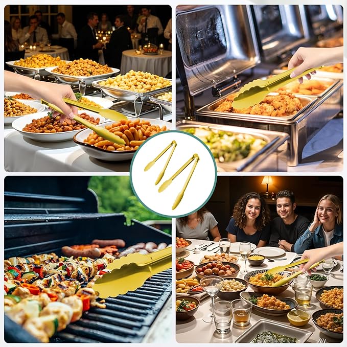 Gold Buffet Tongs 9'' Inches Serving Tongs Heavy Duty Stainless steel Kitchen and BBQ Utility Tong Pack of 12 (Gold, 9inch)