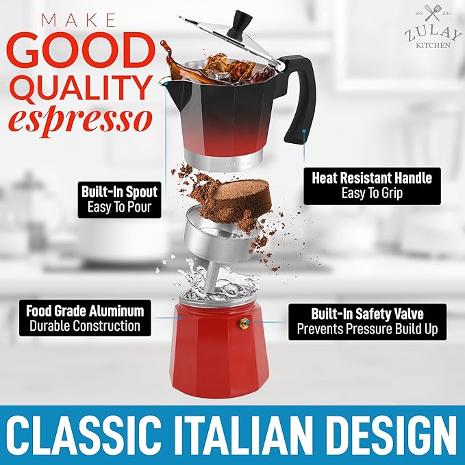 Zulay Kitchen Stovetop Espresso Maker - Moka Pot 5.5 Espresso Cups - Percolator Coffee Maker for Classic Cuban & Italian Style Espresso - Portable Coffee Maker for Camping & Travel - (Black/Red)