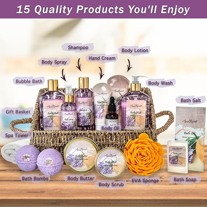 Bath Spa Gift Sets - Luxury Basket With Honey & Lavender - Spa Kit Includes Wash, Bubble Bath, Lotion, Bath Salts, Body Scrub, Body Spray, Shower Puff, Bathbombs, Soap and Towel-BrightBean Baby
