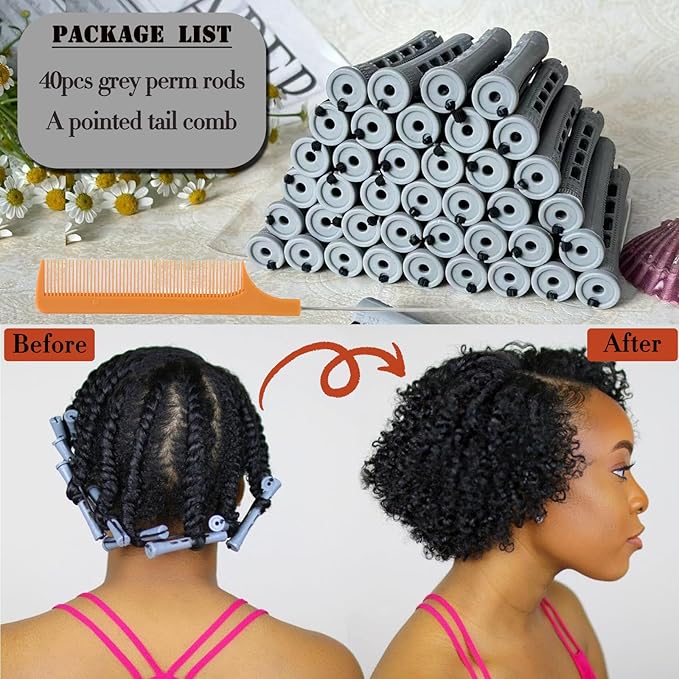 Perm Rods Set for Short Natural Hair 40pcs Gray Plastic Cold Wave Rods Hair Curling Rollers with Steel Pintail Comb Rat Tail DIY Hairdressing Tools（40pcs Gray）-BrightBean Baby