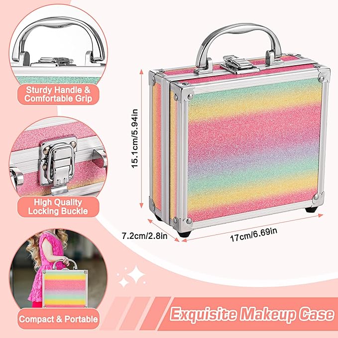 Anpro All-In-One Makeup Carry Case with Pro Teen Makeup Set, Full Starter Cosmetics Kit with Makeup Brushes, Eye Shadows Palette, Blushes, Glitter Gel, Temporary Tattoo Stickers - Colorful-BrightBean Baby