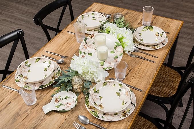 Bico Magnolia Floral Pasta Bowls, 35oz Salad Bowl Set of 4, Large Ceramic Serving Dinner Bowls for Soup and Cereal, Microwave and Dishwasher Safe, Gift for Housewarming and Thanksgiving