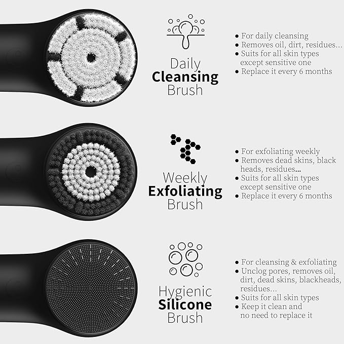 Premium Face Scrubber, Deep Pore Cleansing Brush, Waterproof & Rechargeable Face Scrub Brush for Men& Women, Electric Facial Exfoliator with 3 brushes, 3 Intensities, 2 Modes with Eye Rollor- Charcoal-BrightBean Baby