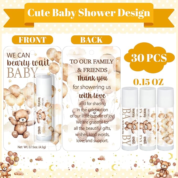 30 Pack Bear Baby Shower Party Gifts Favors Gifts Bulk Lip Balms for Guests Woman Man Entertainment Neutral Gender Reveal Favors Baby Shower Prizes Souvenirs Baby Gift Bags Stuffers-BrightBean Baby