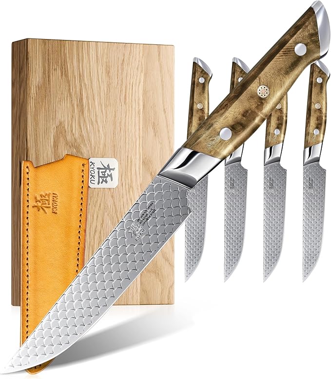 KYOKU 4.8" Steak Knife Set of 4 with Non-Stick Koi Scale Pattern, Japanese VG10 Stainless Steel Steak Knives with Sheath Gift Box, Shogun Koi Series Full Tang Knives for Steak with Camphorwood Handles