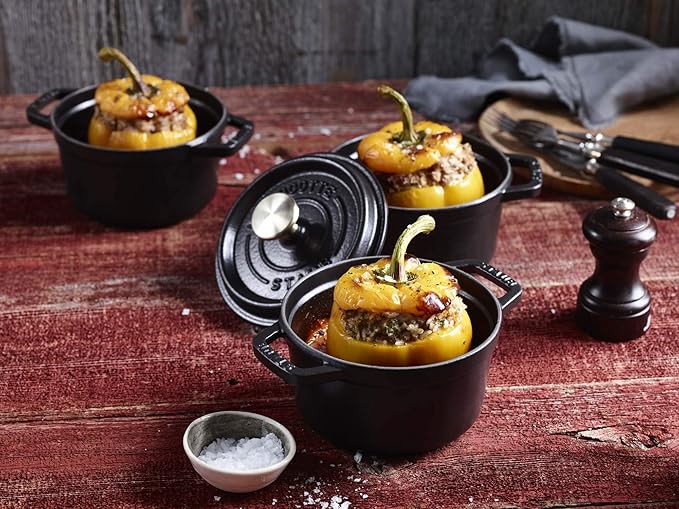 STAUB Cast Iron Dutch Oven 0.75-qt Round Cocotte, Made in France, Serves 1, Matte Black