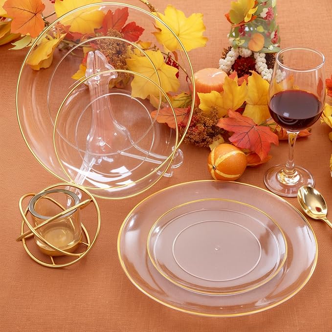 bUCLA 100PCS Clear and Gold Plastic Plates - Clear Disposable With Gold Rim Include 50 Each (10 inch Dinner & 7 inch Dessert) Plates, Ideal for Party & Thanksgiving