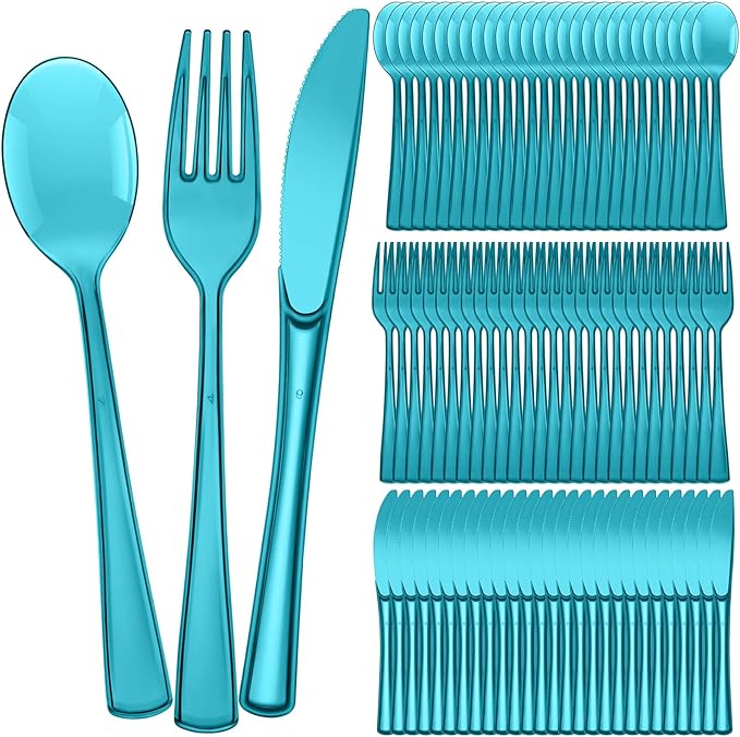 Minatee 150 Pieces Disposable Cutlery Set Plastic Silverware Heavy Duty Utensil Sets 50 Forks 50 Knives 50 Spoons for Home Office School Party Picnics Restaurant Outdoor Events(Peacock Blue)