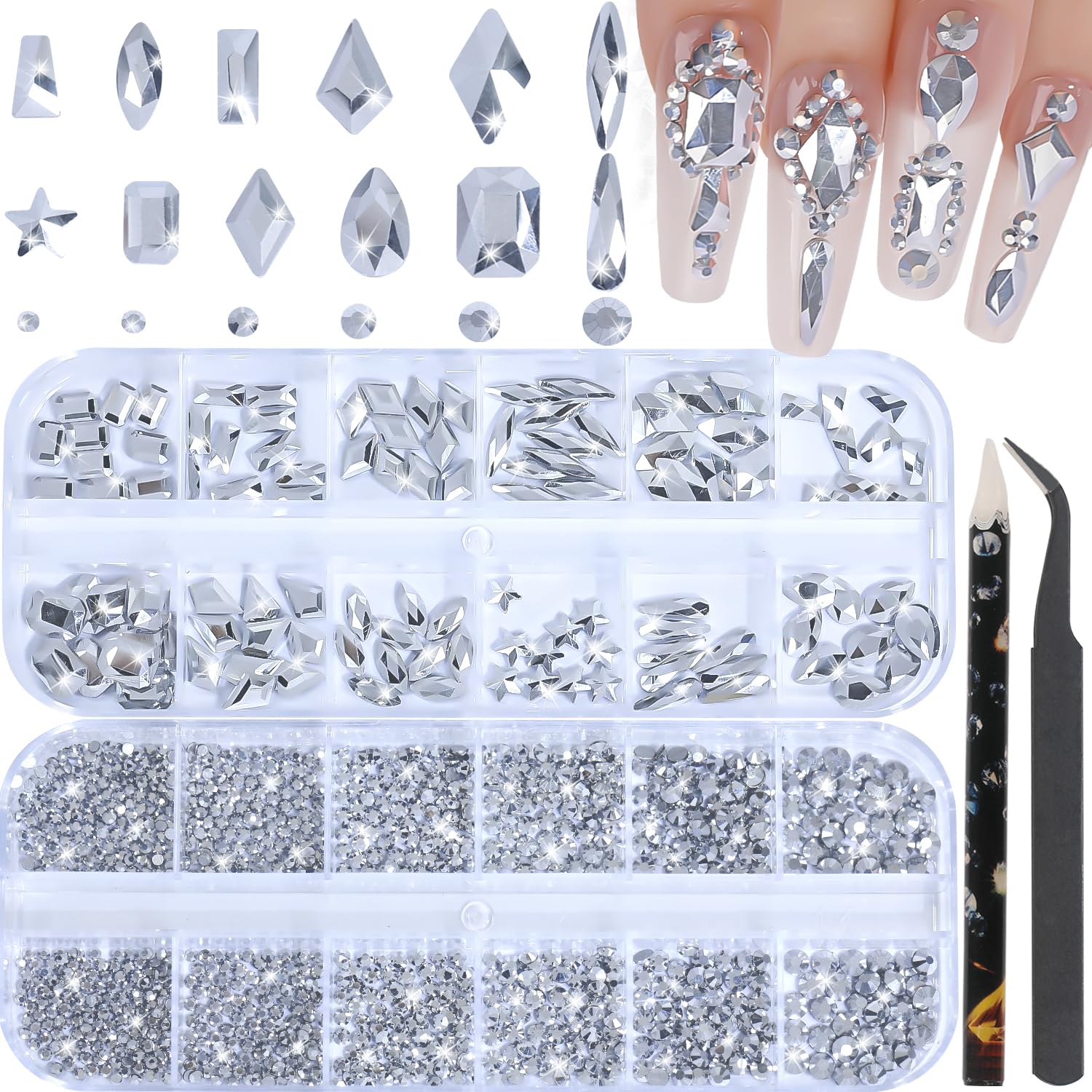 HNUIX Nail Rhinestones - 3D Multi Shape Size, Silver Nail Gems and Charms, Flat Back Crystal, with Kit, for Nail Art, DIY Decorations-BrightBean Baby