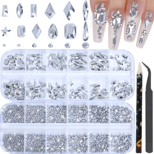 HNUIX Nail Rhinestones - 3D Multi Shape Size, Silver Nail Gems and Charms, Flat Back Crystal, with Kit, for Nail Art, DIY Decorations-BrightBean Baby