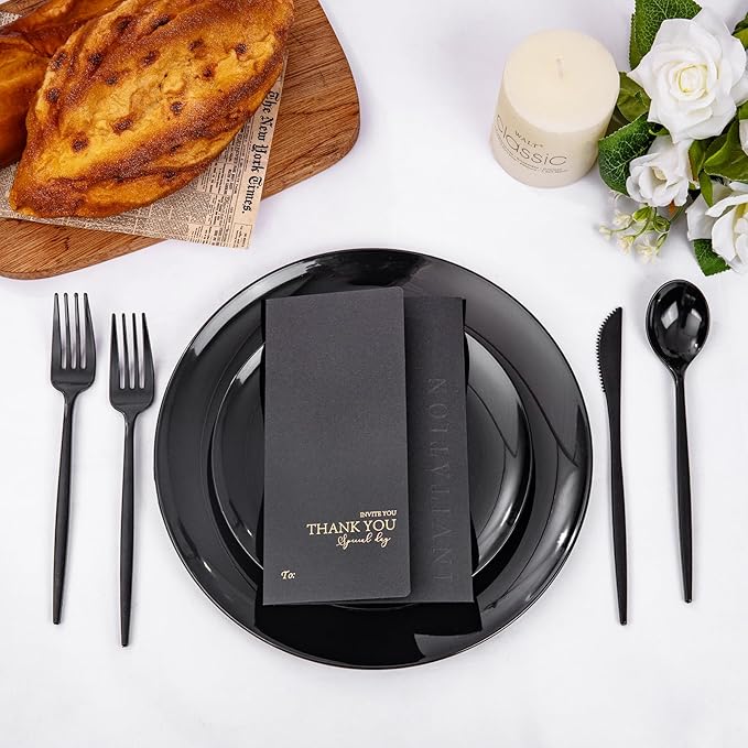 PULOTE 150PCS Black Plastic Silverware Set Disposable - Heavy Duty Black Plastic Cutlery - Black Plastic Utensils Set Include 50 Forks,50 Spoons,50 Knives for Party&New Year