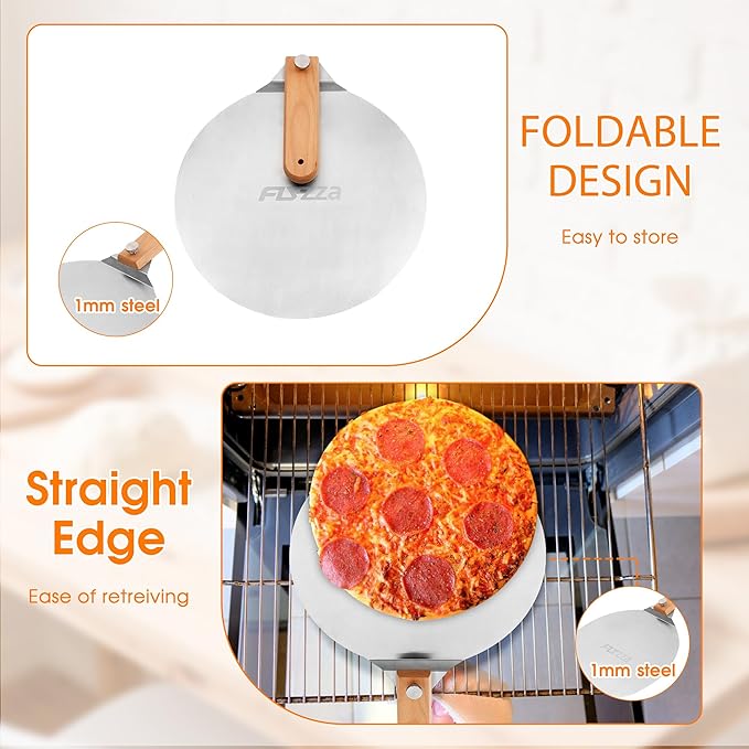 12 inch Stainless Pizza Peel for Large Oven, Pizza Spatula with Foldable Wood Handle for Indoor & Outdoor Pizza Oven Baking, Turing Peel for Pizza, Dough, Bread Pastry