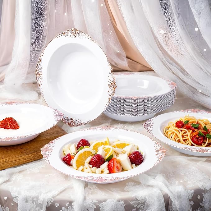 100PCS Rose Gold Plastic Bowls - 12 oz Disposable Salad Bowls - Heavy Duty Disposable Soup Bowl - Fancy Plastic Ice Cream Bowl for Weddings Parties Catering Picnics
