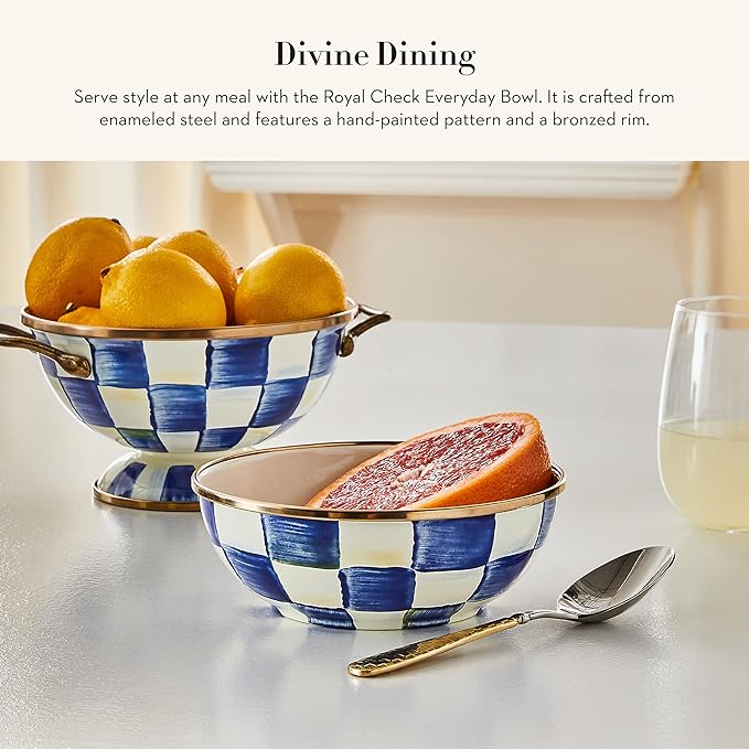 MACKENZIE-CHILDS Enamel Everyday Bowl, Serving Bowl for Entertaining, Extra Small, Blue-and-White Royal Check