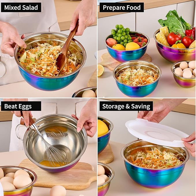 Rainbow Mixing Bowls with Lids Set of 7, Stainless Steel Nesting Bowl with Khaki Lid for Non-slip Mixing Prepping Storing Serving, 7 Sizes-7/3.6/2.7/2.1/1.5/1/0.8 QT