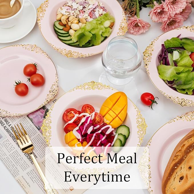 Nervure 50PCS Pink Plastic Bowls with Gold Rim - 12oz Disposable Soup Bowls, Heavy Duty Salad Ice Cream Bowl Perfect For Weddings, Parties and Everyday Use