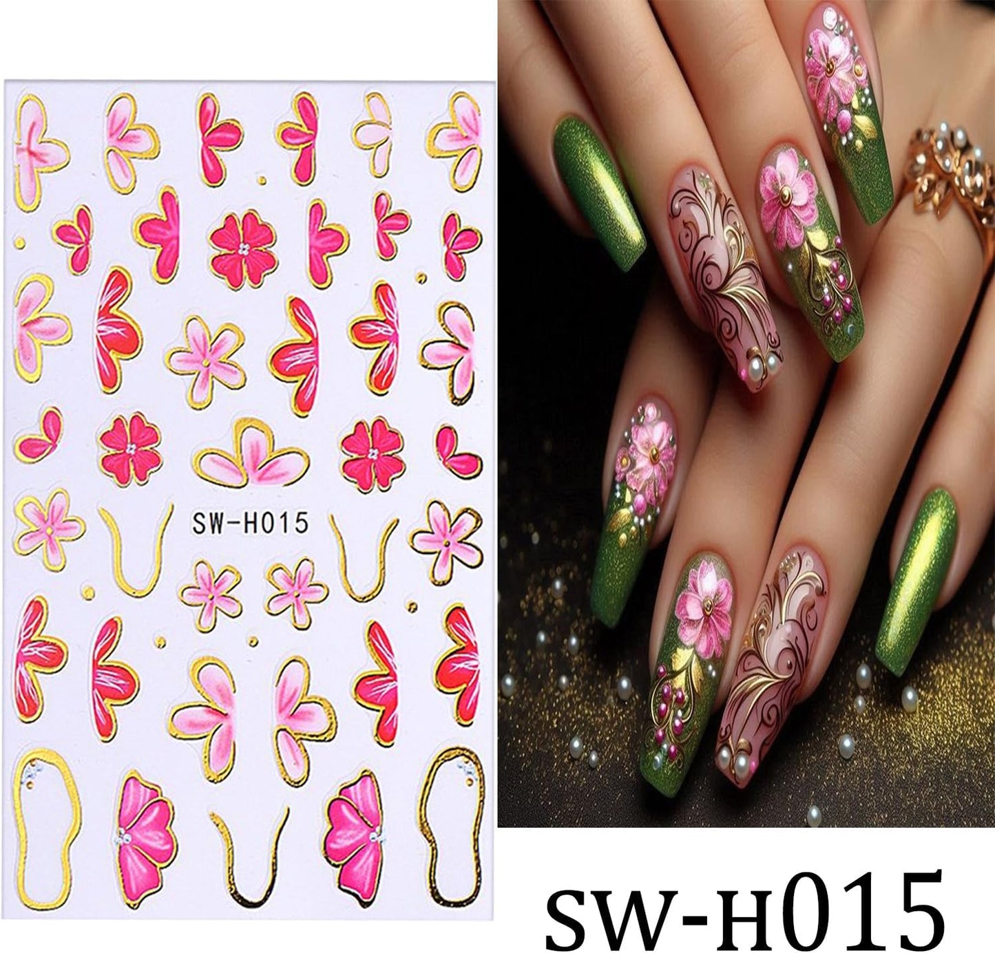 6 Sheets Flower Nail Art Stickers 3D Self-Adhesive Hot Stamping Blossom Nails Sticker Spring Nail Art Decals Holographic Floral Nails Decal Decoration for Women Flowers Manicure DIY Nail Supplies-BrightBean Baby