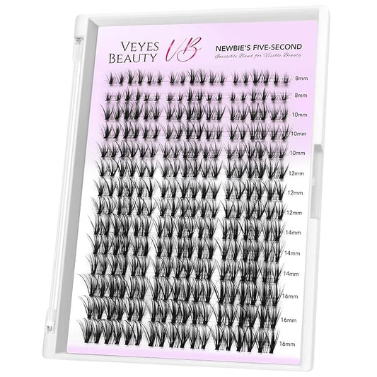 VEYESBEAUTY Lash Clusters Eyelash Extensions Thin & Invisible Band DIY Individual False Eyelashes Newbie's Five-Second Series Wispy Lash Tray for Self-application, Whisper Lashes 8-16mm Mixed Length-BrightBean Baby