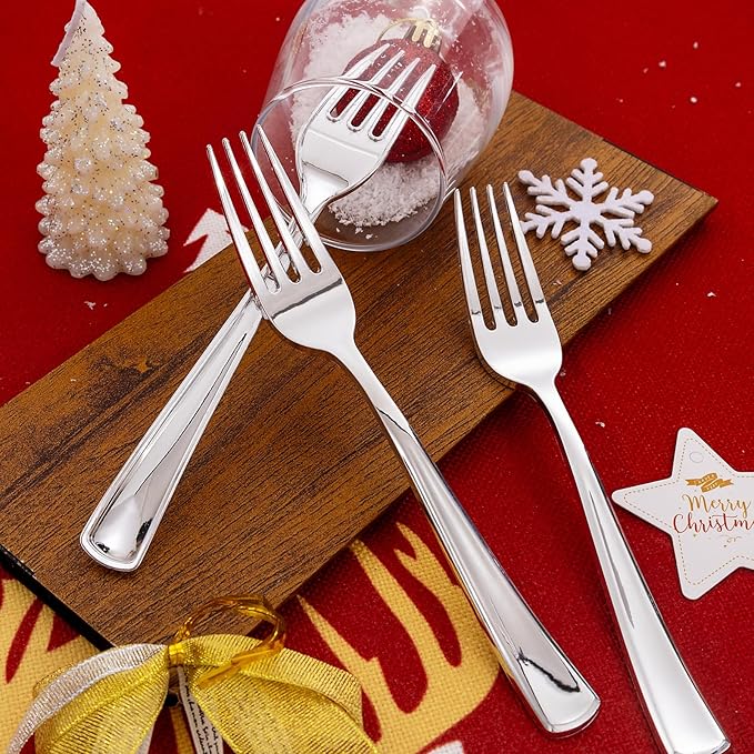 Liacere 200 Pack Silver Plastic Forks - 7.4 inch Heavy Duty Forks - Heavyweight Disposable Forks - Silver Plastic Silverware for Catering, Parties, Dinners for Christmas