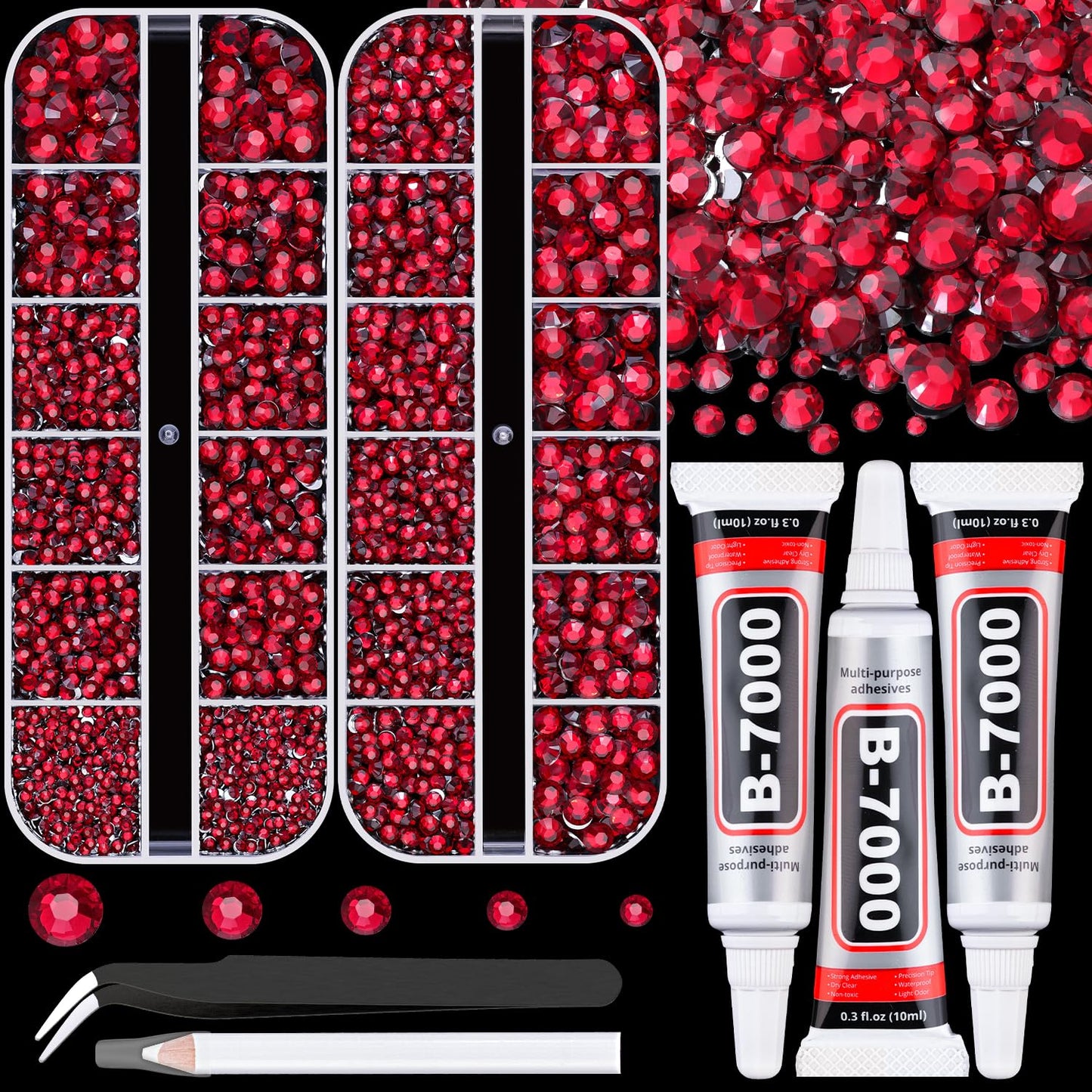 Resin Rhinestones for Crafting with B7000 Jewelry Glue, 2 Boxes Dark Red Flatback Crystals with 3Pcs 10ml Glue for Bedazzling Crafts DIY Nail Art Makeup, Gems for Clothing Shoes-BrightBean Baby