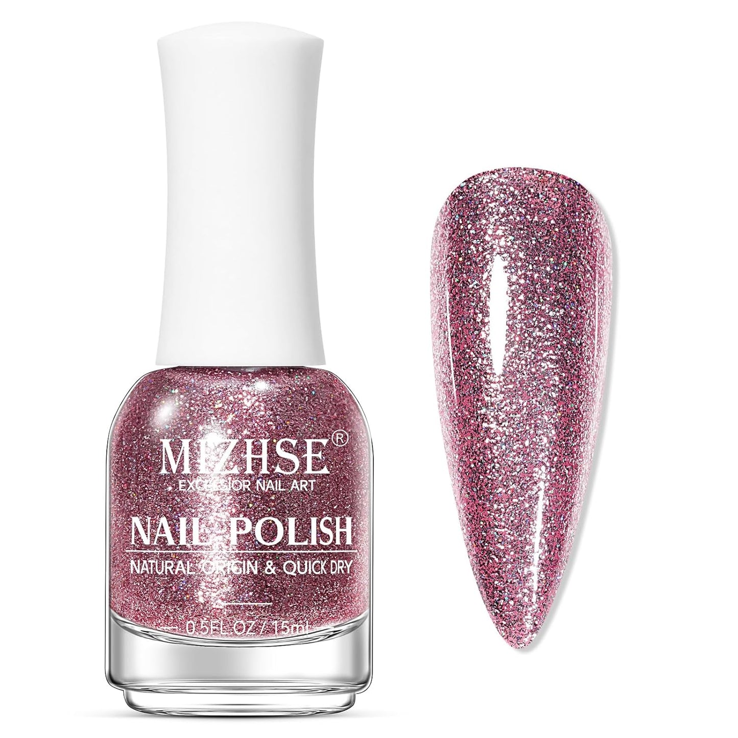 MIZHSE Quick Dry Glitter Pink Nail Polish, Shimmery Nail Polish Air Fast Drying, 15ml High Glossy Sparkly Shiny Nail Lacquer Nail Art Salon Manicure Home-BrightBean Baby