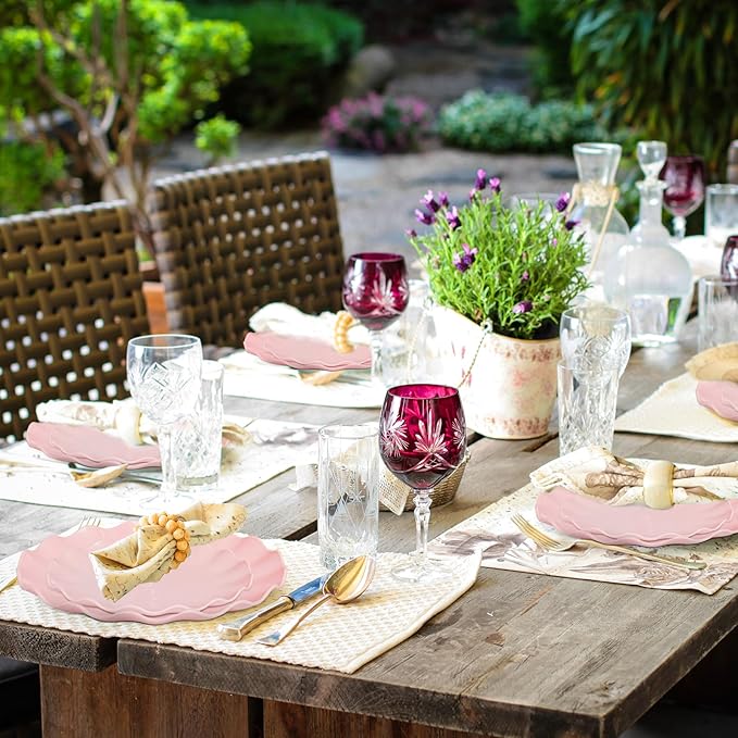 LIYH 50 Pcs Pink Plastic Plates Reusable - Durable and Dishwasher Safe Baby Shower Plates Wavy Daisy Plastic Flower Plate for Party Wedding Birthday Picnics BPA Free (25Guests)