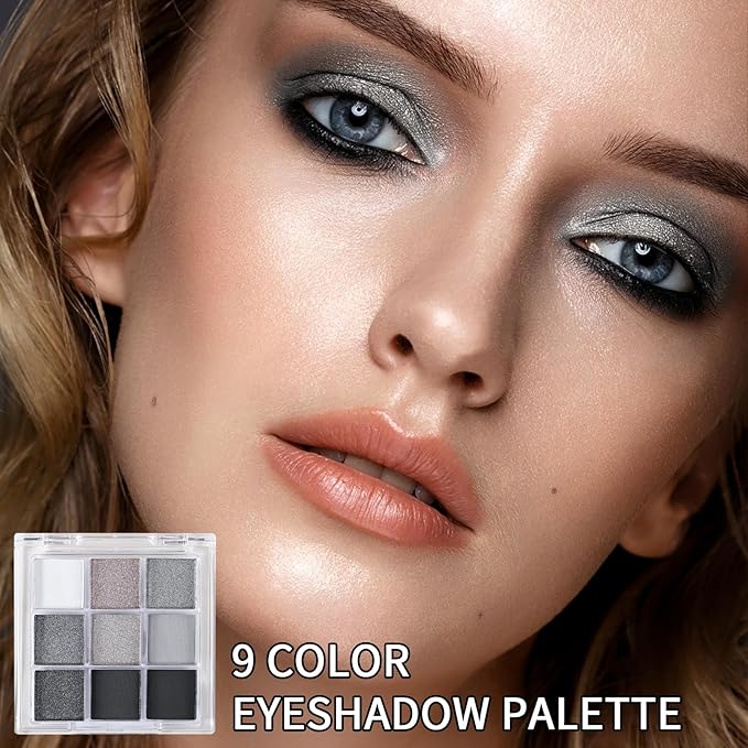 Erinde Black Smokey Gray Silver Eyeshadow Palette, 9 Colors Matte Shimmer Glitter Eye Shadow Makeup Pallet, Highly Pigmented Long Lasting Waterproof, Natural Neutral Shiny Eyeshadow Make Up Palette-BrightBean Baby