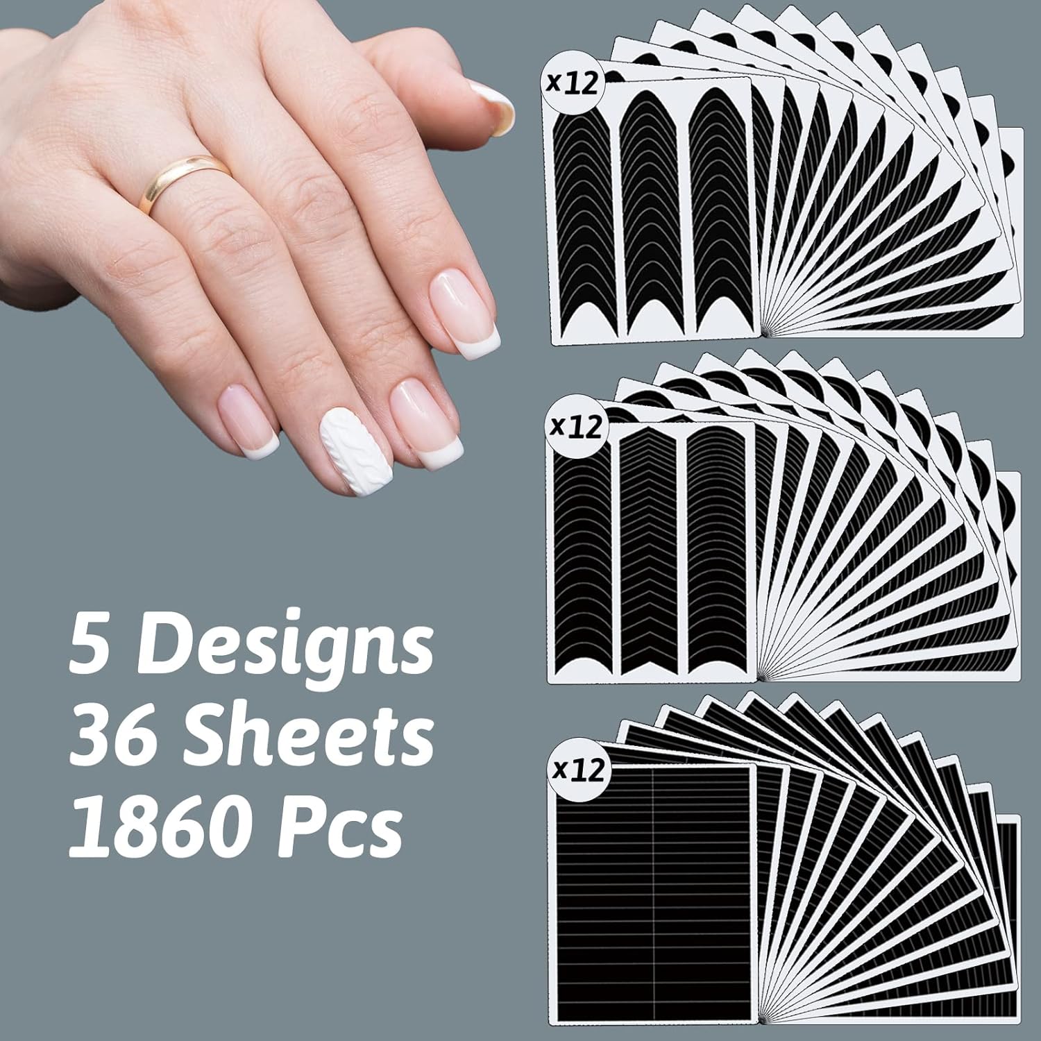 1860 Pcs French Tip Nail Guides, Self-Adhesive French V-Shaped Moon Shaped Manicure Strip Stickers for Edge Auxiliary Black DIY Decoration Stencil Tools(5 Designs, 36 Sheets)-BrightBean Baby