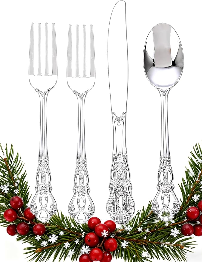 40PSC Silver Plastic Cutlery - Vintage Silver Disposable Silverware - Heavyweight Plastic Utensils with 20 Forks, 10Knives, 10 Spoons For Catering, Parties, Dinners and Weddings