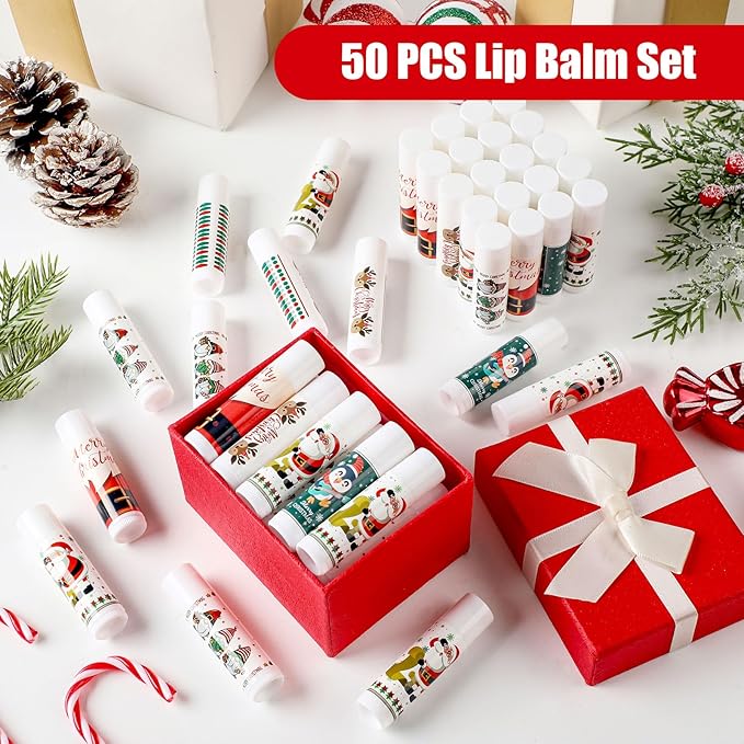 50 Pcs Pink Princess Lip Balm Bulk Pink Girl Lip Care Products Pink Girl Birthday Party Supplies Princess Party Gifts for Kids Women Bachelorette Party Bridal Baby Shower(Classic Christmas Styles)-BrightBean Baby