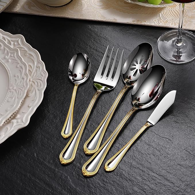 KEAWELL Pearl Edge 4-Piece Premium Spoon Set, 18/10 Stainless Steel, Fine Silverware Spoons with Refined Bead Design, Brightly Polished, Dishwasher Safe (Gold Accent, 9" Serving Spoons)