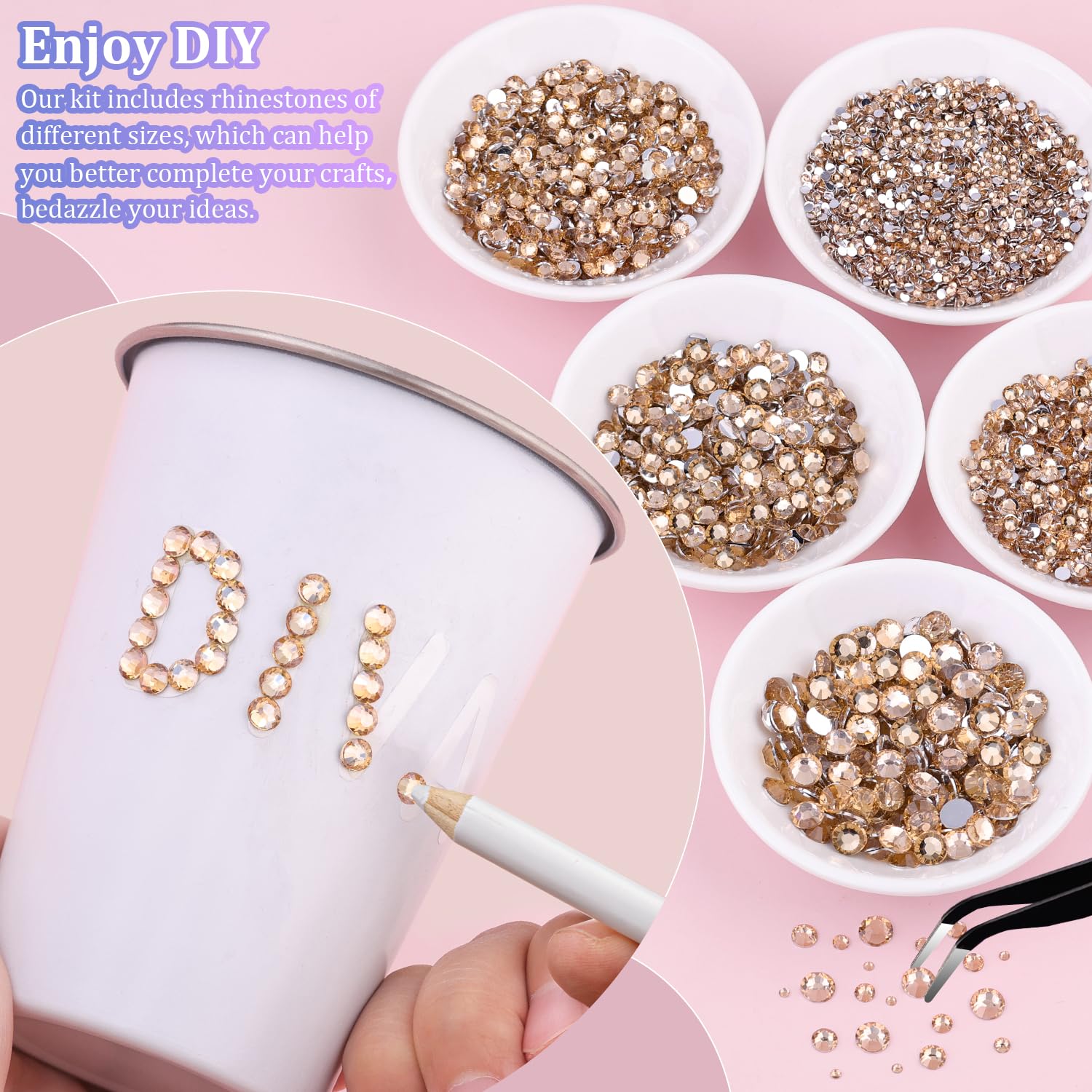 25000Pcs Resin Rhinestones with Tweezers for Crafting, Champagne 2-6mm Mixed Sizes Bedazzling Crystal with 3Pcs 10ml B7000 Jewelry Glue for DIY Crafts Clothing Tumblers Shoes Fabric Nail Art-BrightBean Baby