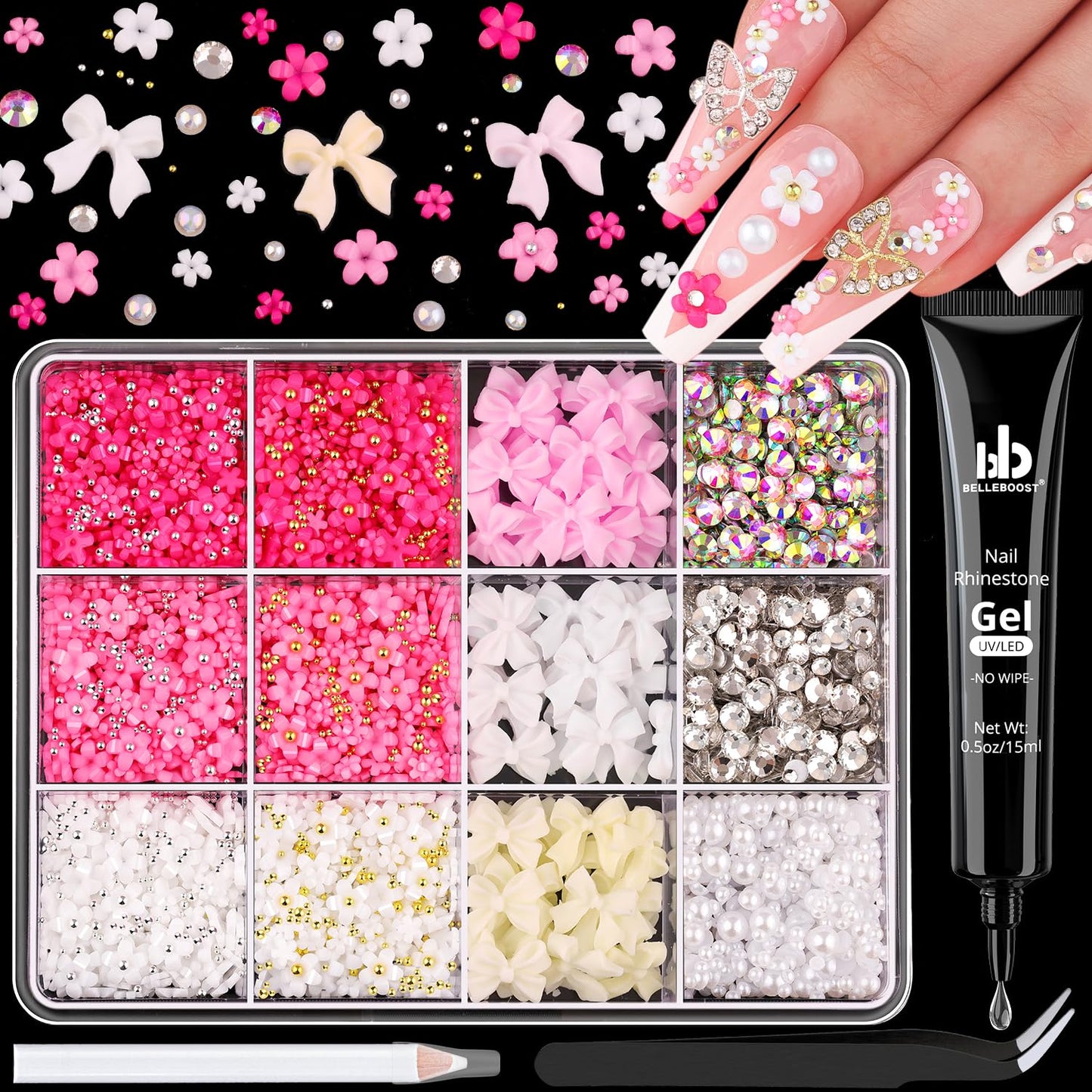 3D Nail Charms and Gems Set 6 with Rhinestone Glue, 75PCS Chunky Coquette Pink & White Bow Nail Charms + Kawaii Cute 3D Flowers for Nails + Clear & AB Glass Crystals + Flat Pearls for Y2K Nail Decor-BrightBean Baby