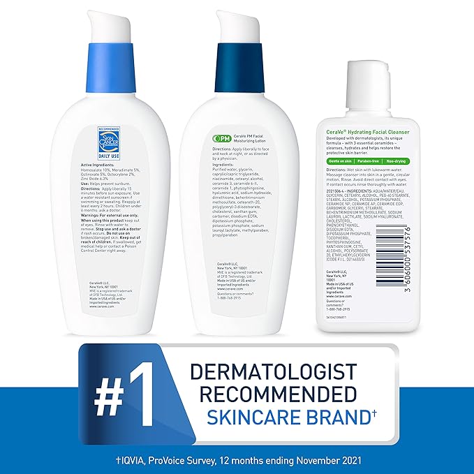 CeraVe AM Face Moisturizer with SPF, PM Face Moisturizer & Hydrating Face Wash Skin Care Routine for Morning & Night | Travel Size Toiletries | 3oz Lotion + 3oz Lotion + 3oz Cleanser-BrightBean Baby