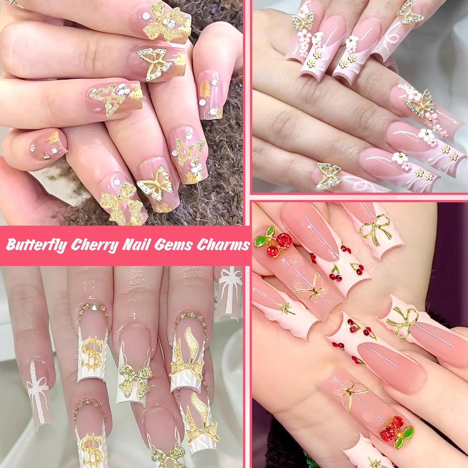 2 Boxes Alloy Gold Nail Charms, 3D Butterfly Star Cherry Nails Gems Charms, Mixed Shapes Golden Bows Heart Star Nail Studs Gold Flatback Pearls Beads for Nails Art Design DIY Accessories-BrightBean Baby