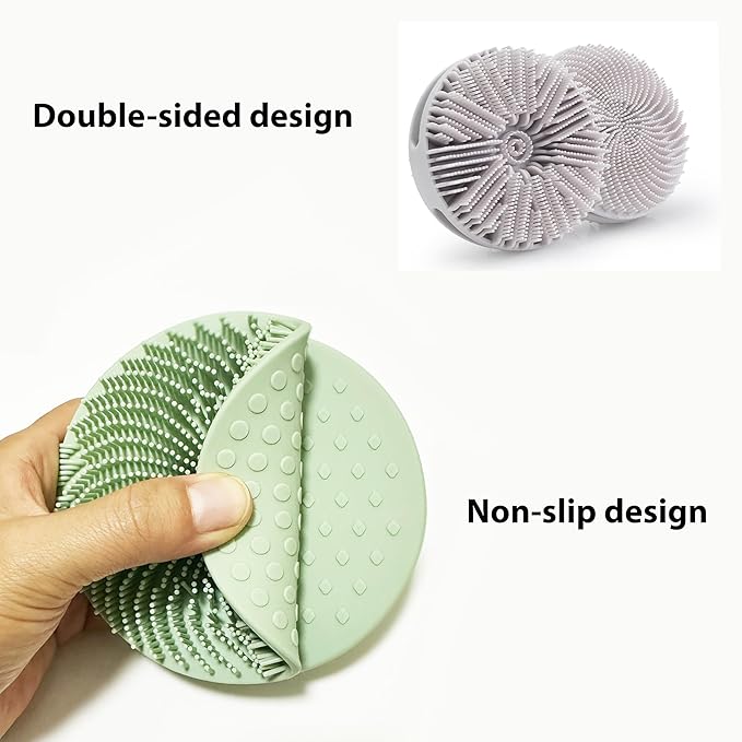 2 PC Silicone Exfoliating Body Scrubber, Silicone Body Shampoo Brush, Soft Silicone Loofah for Sensitive Skin, Shower Silicone Hair Scalp Massager, Easy to Clean, Lather Well(Gray&Green)-BrightBean Baby