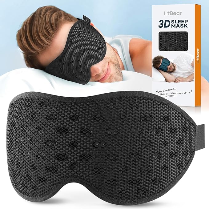LitBear Breathable Sleep Mask, 3D Eye Mak Sleep for Side Sleepers Women Men, Light Blocking Sleeping Mask with Adjustable Strap, Soft Lightweight Eye Cover for Travel, Night Work, Nap, Office - Black-BrightBean Baby