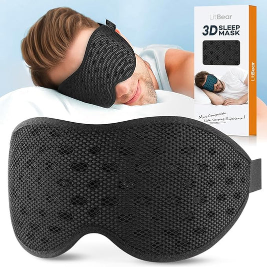 LitBear Breathable Sleep Mask, 3D Eye Mak Sleep for Side Sleepers Women Men, Light Blocking Sleeping Mask with Adjustable Strap, Soft Lightweight Eye Cover for Travel, Night Work, Nap, Office - Black-BrightBean Baby